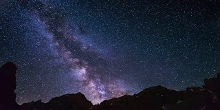 这是在意大利阿尔卑斯山的高海拔地区拍摄到的明亮的银河和白雪皑皑的山脊外的星空的明显旋转。时间流逝的视频。