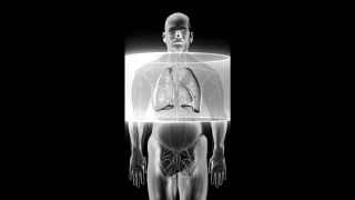 身体扫描。旋转人体肺，肺部诊断，蓝色x光。视频素材模板下载