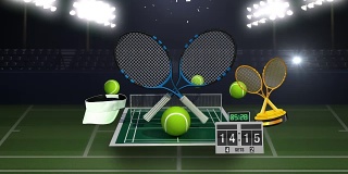 漂浮的网球图标，球拍，球，网球场。