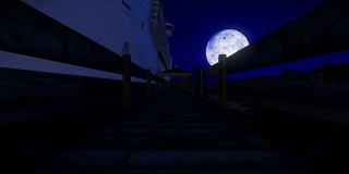 等待乘客上船的游轮，满月