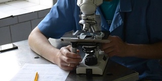 医生坐在桌子上用显微镜