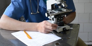 医生和显微镜，白纸和黄笔