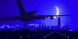 香港中国蓝色飞机降落天际线午夜背景