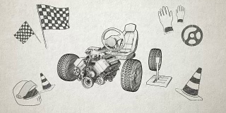 汽车。引擎,座位。轮胎，齿轮箱，赛道，素描风格。