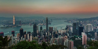 中国日落香港城市屋顶，白天到晚上海湾全景4k时间流逝
