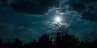 月亮在云树之上的地平线上升起。时间流逝
