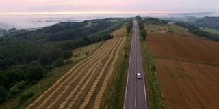 雾蒙蒙的乡村公路上的汽车鸟瞰图