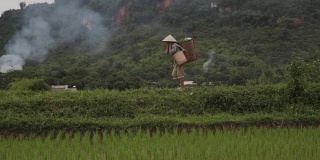 越南沙巴麦洲的一名农妇提着沉重的篮子