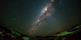 纳米比亚纳米布沙漠外的星空和明亮的银河的明显旋转。时间流逝的视频。