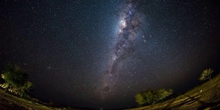 纳米比亚纳米布沙漠外的星空和明亮的银河的明显旋转。鱼眼视图。时间流逝的视频。