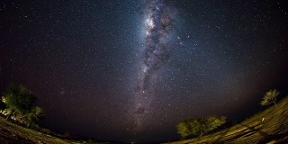 纳米比亚纳米布沙漠外的星空和明亮的银河的明显旋转。鱼眼视图。时间流逝的视频。