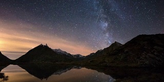 银河的旋转和雪山外的星空，映照在田园诗般的松树湖上。猎户座从左到右。时间流逝的视频。