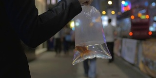 慢镜头拍摄于中国香港，一个繁忙的街头女孩拿着一个装着水和金鱼的透明袋子