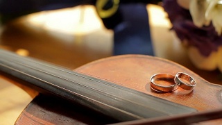 结婚戒指在小提琴上。视频素材模板下载