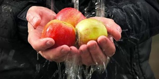 水在人们手中的新鲜苹果上流动