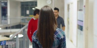 一位迷人的女学生走过大学大厅的背影。