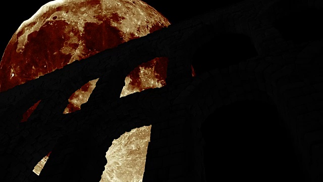塞戈维亚渡槽的剪影和巨大的月亮