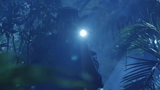 帽子冒险家在夜晚穿过丛林森林。使用手电筒视频素材模板下载