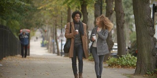 一对时尚的夫妇慢镜头走在城市的秋街