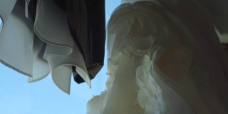 挂在窗前的婚纱和西服