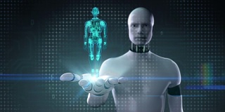 机器人张开手掌，机器人身体呈蓝色透明。机器人技术。