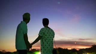 亚洲老年夫妇手牵手，在魔幻时刻天空和月亮的背景下，一起享受幸福生活的时刻视频素材模板下载