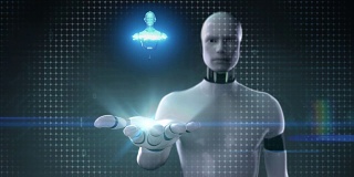 机器人摊开手掌，机器人身体在数字界面。机器人技术。