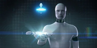 机器人张开手掌，机器人内部人体骨骼结构。生物技术。