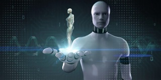 机器人摊开手掌，人类骨骼结构，骨骼系统，蓝色x光。