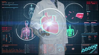 医生触摸数字屏幕，女性身体扫描血管、淋巴、心脏、循环系统的数字显示仪表盘。蓝色x射线的观点。视频素材模板下载