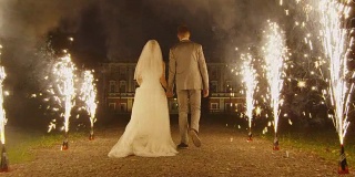 快乐的新婚夫妇在晚上穿过公园里的烟火。