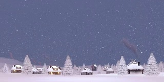 在下雪的晚上，村子被雪覆盖了