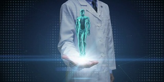 医生打开手掌，放大身体前部，扫描人体血管系统。蓝色的x射线。