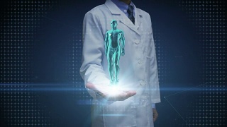 医生打开手掌，放大身体前部，扫描人体血管系统。蓝色的x射线。视频素材模板下载