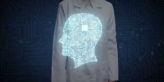 女医生触摸数字屏幕，脑头形状连接数字线，拓展人工智能
