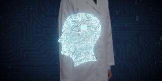 医生触摸数字屏幕，脑头形状连接数字线，扩大人工智能