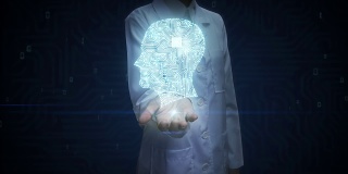 女医生打开手掌，脑头形状连接数字线，拓展人工智能
