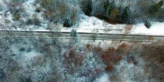 多雪的冬天道路和树林的天线
