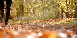 人在秋天的风景中奔跑的特写