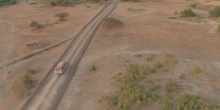 图片:在阳光明媚的早晨，在非洲大草原上，狩猎吉普车驾驶着游客