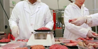 屠夫在肉品工厂包装和检查肉类的重量