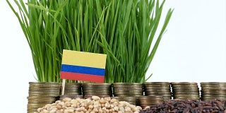 哥伦比亚国旗飘扬着成堆的钱币和小麦