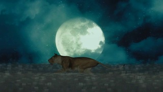 在满月的背景下，母狮在夜晚奔跑视频素材模板下载