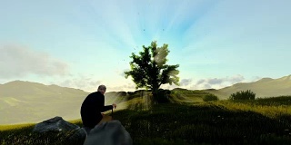 爷爷在绿色的草地上欣赏日出，用摇盘