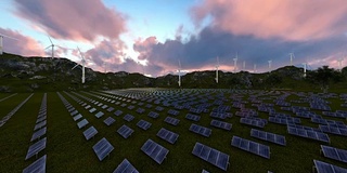 日落时分的太阳能电池板农场