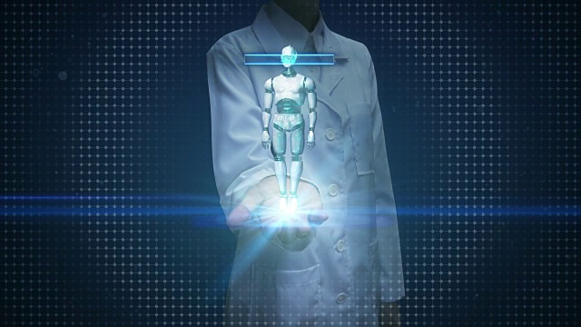 女医生打开手掌，扫描机器人内部的人体骨骼结构。生物技术。cyborg。人工智能。机器人技术。