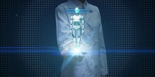 女医生打开手掌，扫描机器人内部的人体骨骼结构。生物技术。cyborg。人工智能。机器人技术。