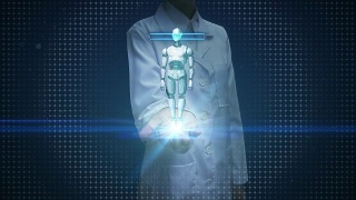 女医生打开手掌，扫描机器人内部的人体骨骼结构。生物技术。cyborg。人工智能。机器人技术。视频素材模板下载