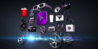 汽车拆装、汽车视频娱乐系统、电影、戏剧、vod、未来汽车技术。黑色背景。