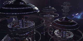未来空间站的动画舰队。三维渲染
